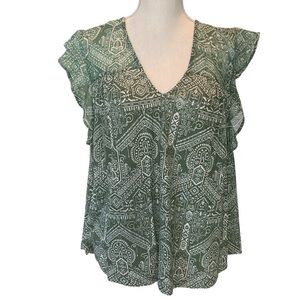 Lucky Brand Green Printed V-Neck Flutter Sleeve Top XL